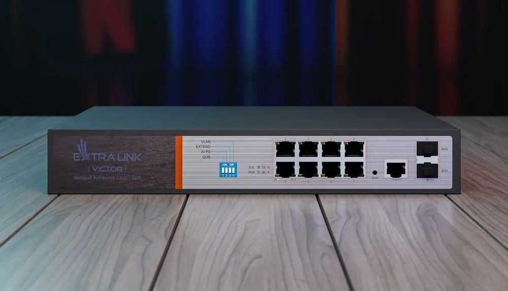 Šakotuvas Valdomas PoE jungiklis Extralink Victor, 8x Gigabit PoE/PoE+, 2x SFP, 150W