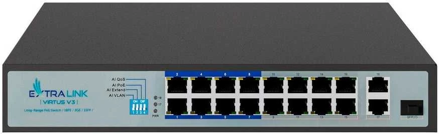 Šakotuvas EXTRALINK EX.16101 VIRTUS V3 Switch PoE 16x 100Mb/s PoE/PoE+ 2x Gigabit RJ45 + 1x SFP PoE Budget 150W