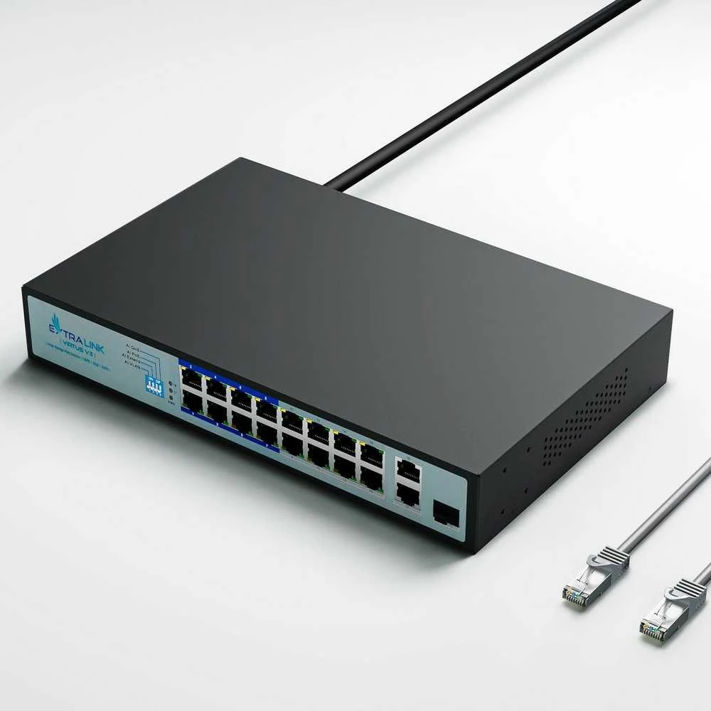 Šakotuvas EXTRALINK EX.16101 VIRTUS V3 Switch PoE 16x 100Mb/s PoE/PoE+ 2x Gigabit RJ45 + 1x SFP PoE Budget 150W