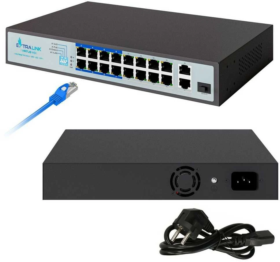 Šakotuvas EXTRALINK EX.16101 VIRTUS V3 Switch PoE 16x 100Mb/s PoE/PoE+ 2x Gigabit RJ45 + 1x SFP PoE Budget 150W