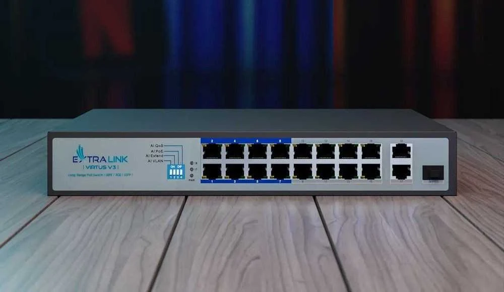 Šakotuvas EXTRALINK EX.16101 VIRTUS V3 Switch PoE 16x 100Mb/s PoE/PoE+ 2x Gigabit RJ45 + 1x SFP PoE Budget 150W