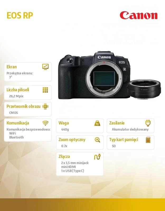 Canon hibridinis fotoaparatas EOS RP korpusas + MT adapteris Megapikselis 26,2 MP, ISO 50-102400, Ekrano įstrižainė 3,0 ", Wi-Fi, Nustatymas ant objektyvo; Pridedamas fokusavimas, CMOS, Juodas