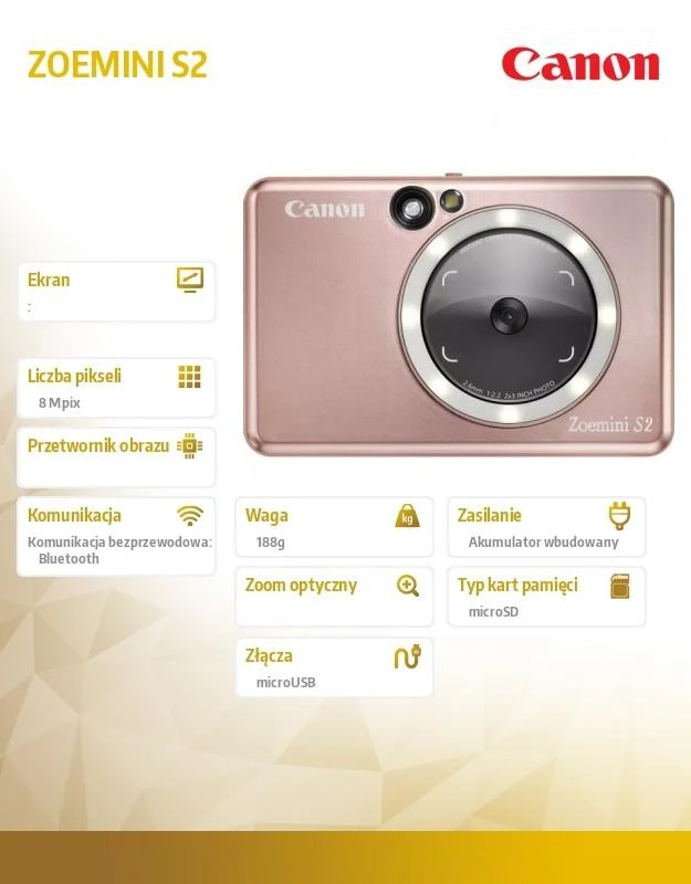 Canon Zoemini S2 mažų nuotraukų spausdintuvas ir fotoaparatas, Rausvo aukso