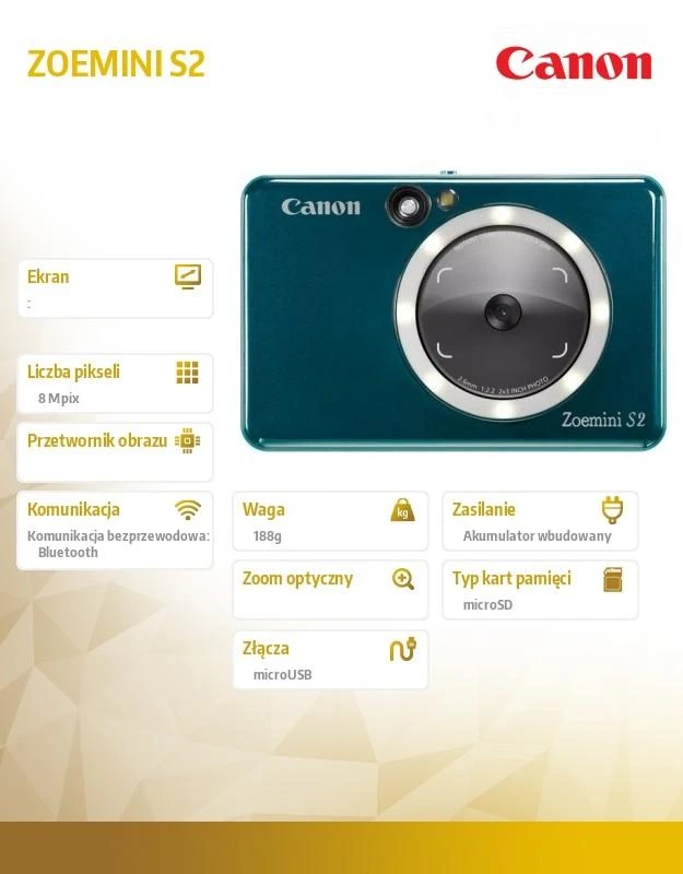 Canon Zoemini S2 mažų nuotraukų spausdintuvas ir fotoaparatas, Tamsiai žalsvai mėlynas