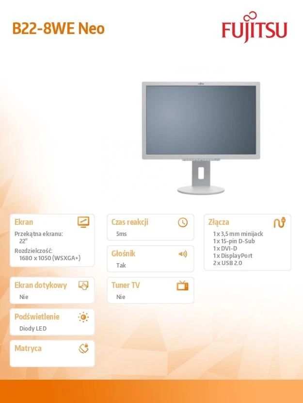 Monitorius FUJITSU 22" B22-8 WE NEO MARBLE Pilkas (FHD/16:10/HAS/PIVOT/DP/DVI/VGA/AUDIO)