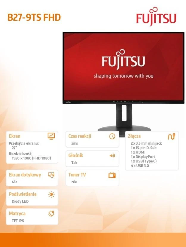 Monitorius Siemens FUJITSU 27" B27-9 TS Juodas (FHD/16:9/DP/HDMI/VGA/4XUSB) 5-IN-1 STAND