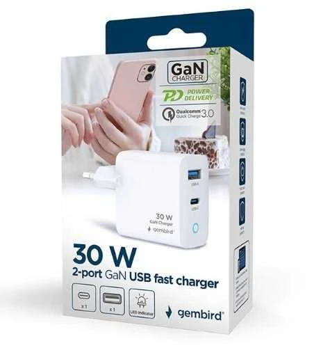Gembird 2 prievadų 30 W GaN USB greitasis įkroviklis, LED baltas TA-UC-PDQC30L-W-01