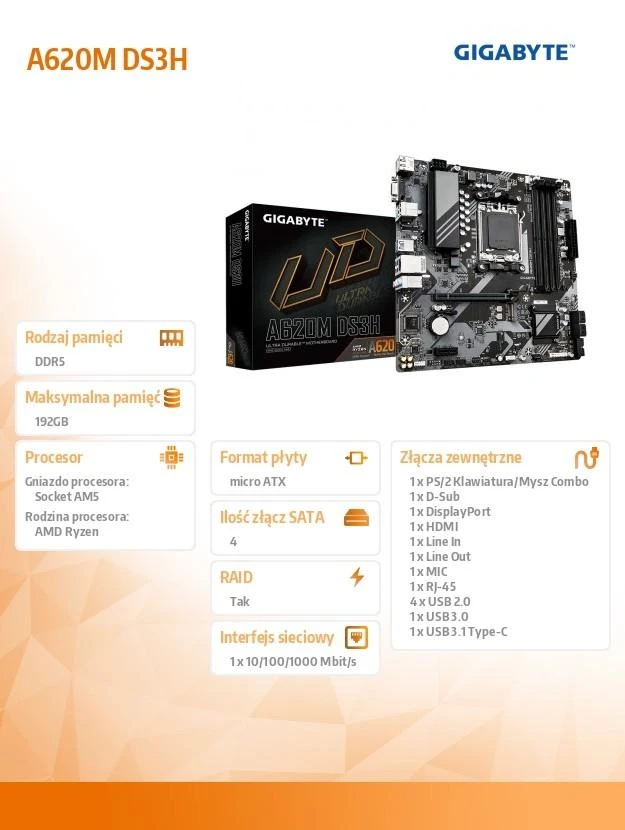 GIGABYTE A620M DS3H AM5 2xDDR5 4xSATA 1xM.2