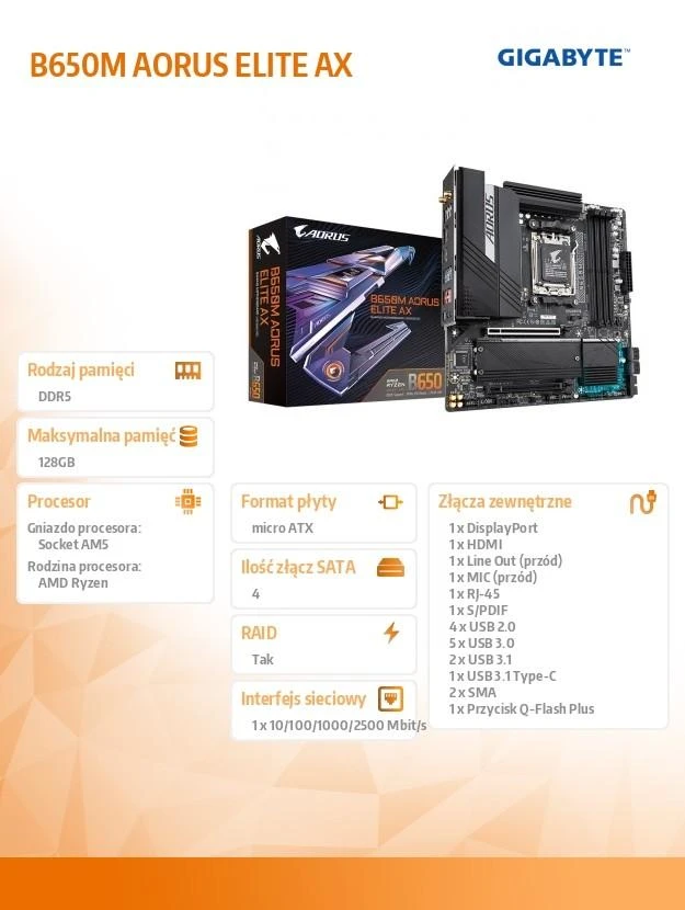 Pagrindinė plokštė GIGABYTE B650M AORUS ELITE AX  / AM5 / MicroATX / DDR5 x4 / PCI-Express 4.0 16x / 2x M.2