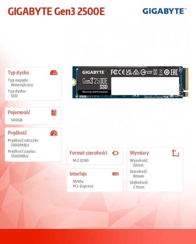 GIGABYTE Gen3 2500E M.2 2280 SSD 500GB PCIe 3.0x4 NVMe1.3