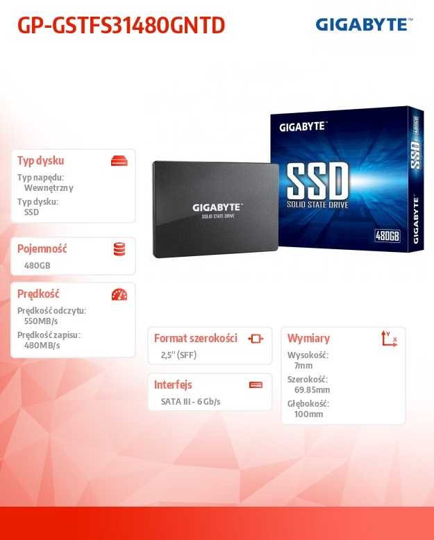 Dysk SSD Gigabyte 480GB 2.5'' SATA III (GP-GSTFS31480GNTD)