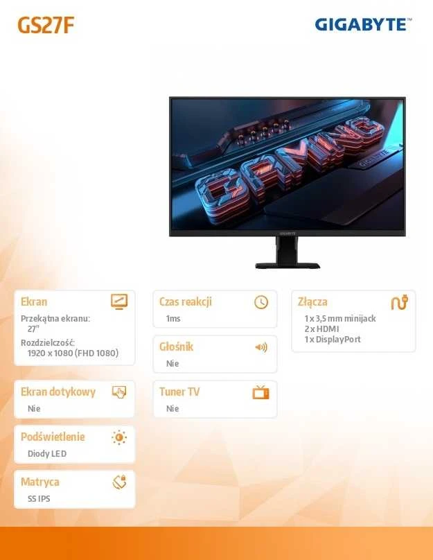 Gigabyte | GS27FA EU1 | 27 " | IPS | FHD | 180 Hz | 1 ms | 1920 x 1080 pikselių | 300 cd/m² | HDMI jungtys quantity 2