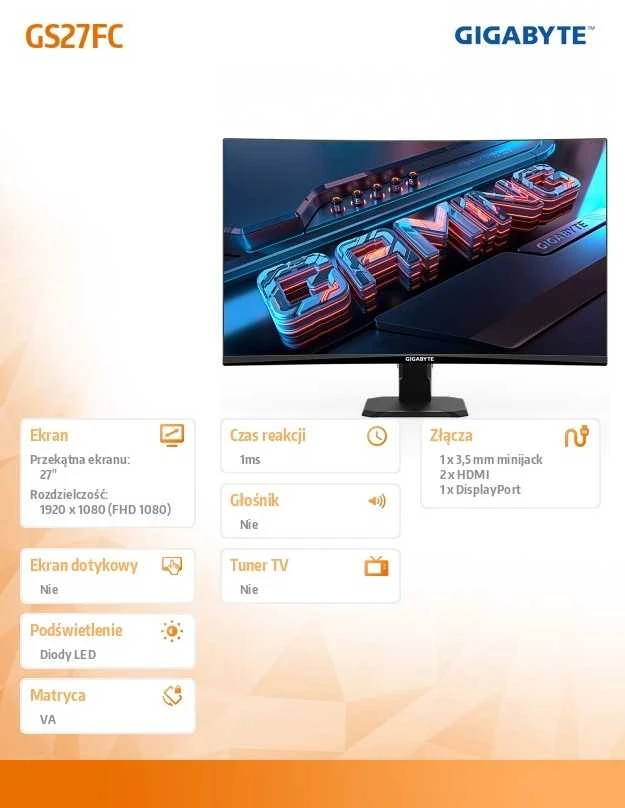 Gigabyte | Gaming Monitorius | GS27FC EK1 | 27 " | VA | FHD | 16:9 | 180 Hz | 1 ms | 1920 x 1080 | 250 cd/m² | HDMI jungtys quantity 2 | Juodas