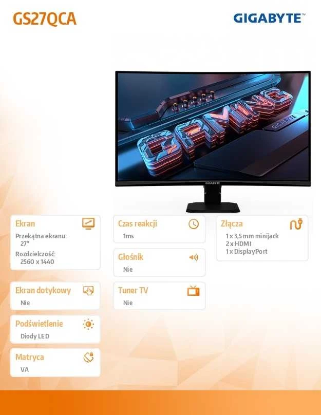 Monitorius Gigabyte | GS27QCA EU | 27 " | VA | 180 Hz | 1 ms | 2560 x 1440 pikselių | 250 cd/m² | HDMI jungtys quantity 2
