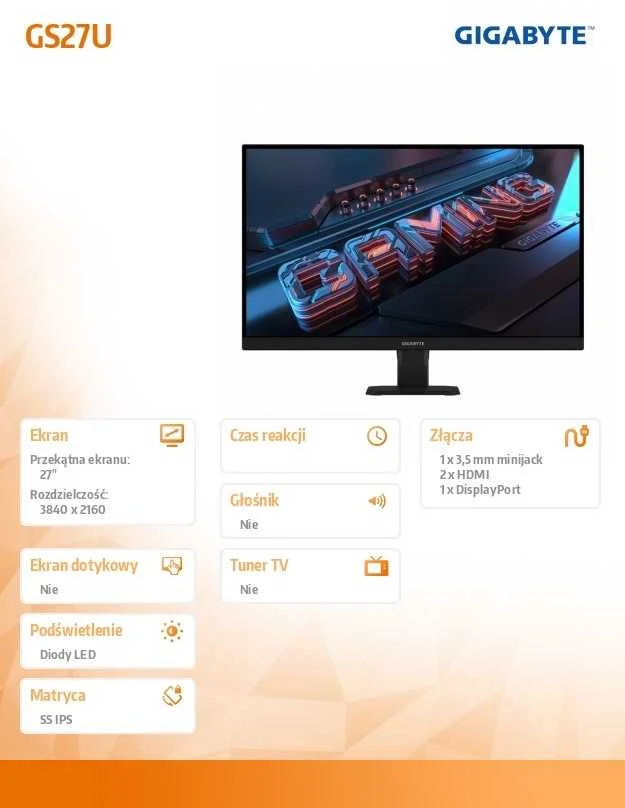 Monitorius Gigabyte | GS27U EK | 27 " | IPS | UHD | 160 Hz | 1 ms | 3840 x 2160 pikselių | 350 cd/m² | HDMI jungtys quantity 2