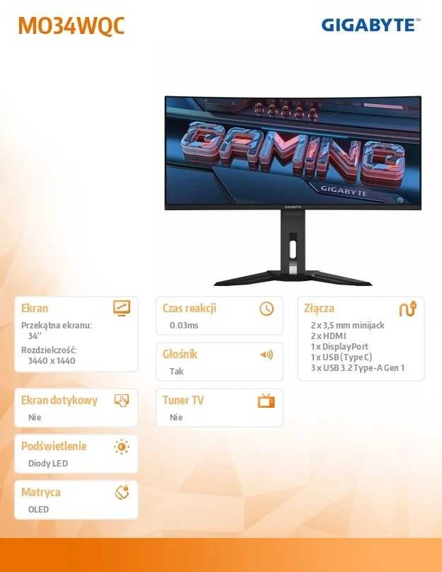 Monitorius Gigabyte | MO34WQC EK1 | 34" | OLED | WQHD | 175 Hz | 0,03 ms | 3440 x 1440 pikselių | 250 cd/m² | HDMI jungčių kiekis: 2