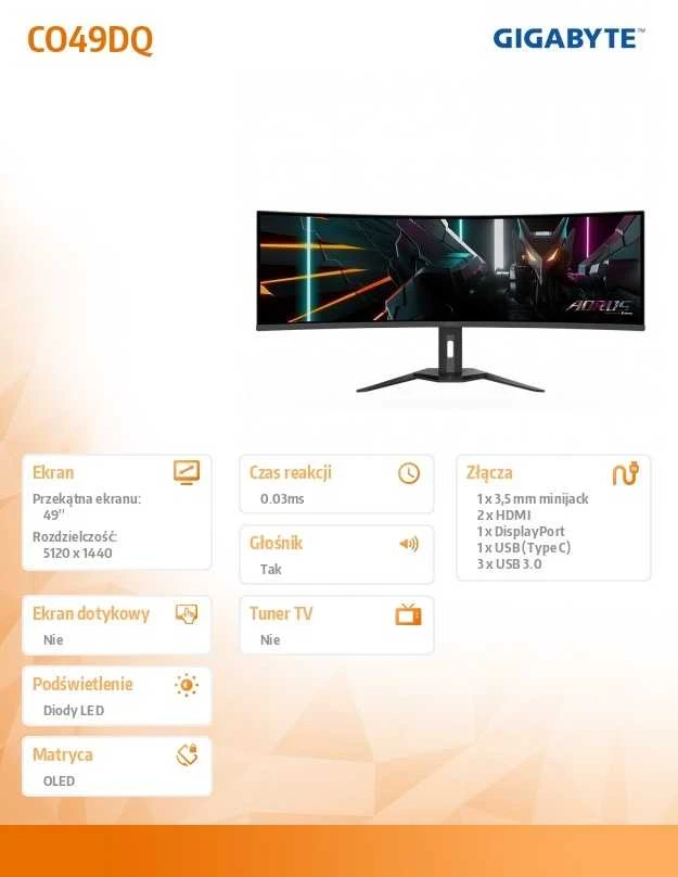 Monitorius Gigabyte | CO49DQ | 49 " | OLED | DQHD | 32:9 | 144 Hz | 3 ms | 5120 x 1440 pikselių | 250 cd/m² | HDMI jungtys quantity 2 x HDMI 2.1 | Juodas | Garantija 36 mėn.