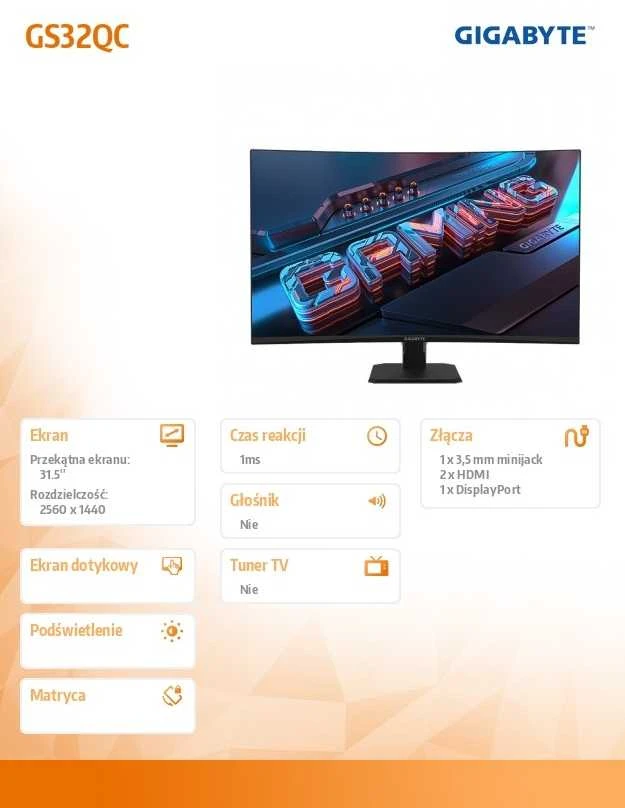Gigabyte | Gaming Monitorius | GS32QC EU | 31.5 " | VA | 170 Hz | 1 ms | 2560 x 1400 pikselių | 300 cd/m² | HDMI jungtys quantity 2