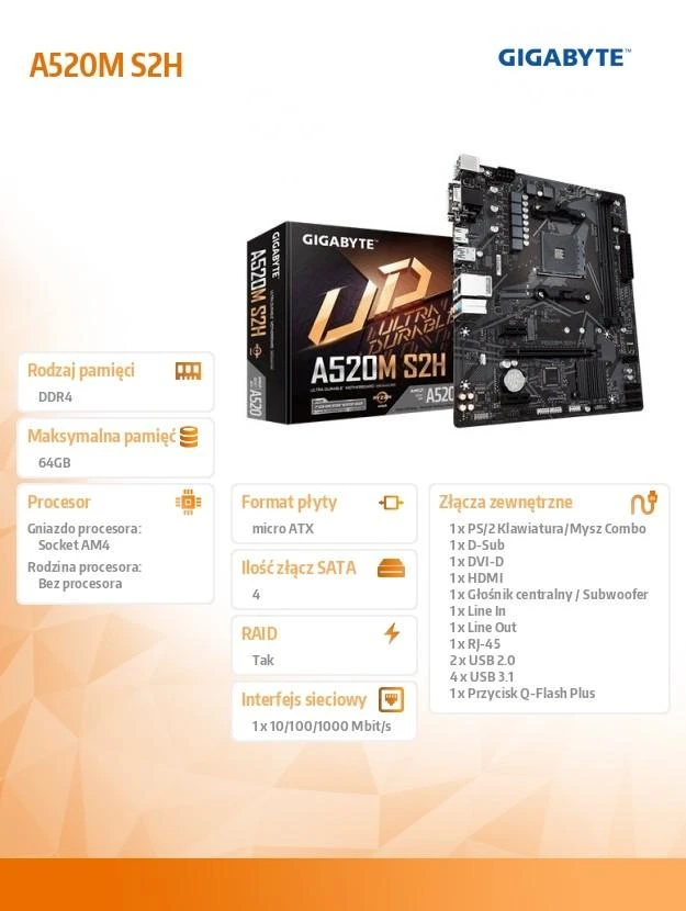 Pagrindinė plokštė Gigabyte AMD A520 S2H AM4 Micro ATX