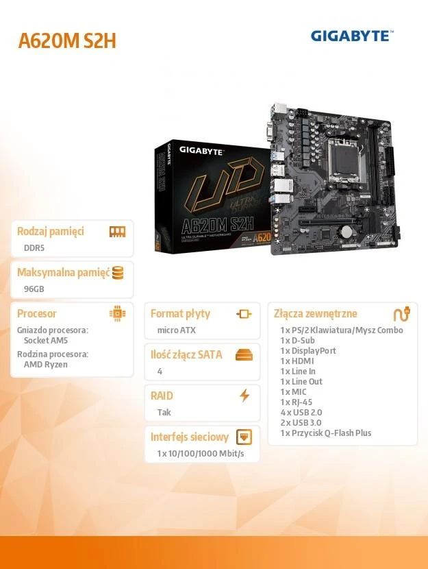 Pagrindinė plokštė Gigabyte Gigabaitas | A620M S2H 1,0 M/B | Procesorių šeima AMD | Procesoriaus lizdas AM5 | DDR5 DIMM | Atminties lizdai 2 | Palaikomos standžiojo disko sąsajos SATA, M.2 | SATA jungčių skaičius 4 | Lustų rinkinys AMD A620 | Mikro ATX