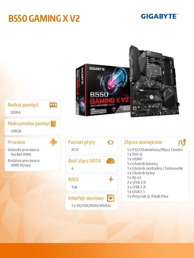 Pagrindinė plokštė GIGABYTE/AMD B550/AM4/ATX/Memory DDR4/Atminties lizdai 4/3xPCI-Express 3.0 1x/1xPCI-Express 3.0 2x/1xPCI-Express 4.0 16x/2xM.2/1xDVI-D/1xHDMI/2xAudio-In/1xAudio-Out/2xUSB 2.0/4xUSB 3.2/1xPS/2/1xRJ45