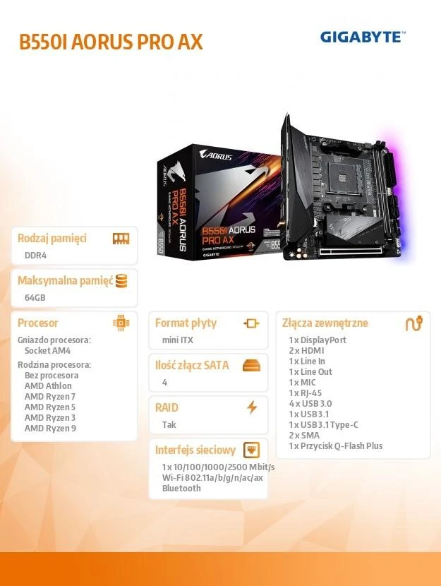 Pagrindinė plokštė Gigabyte B550I AORUS PRO AX AM4 lizdas „mini ITXs“ AMD B550