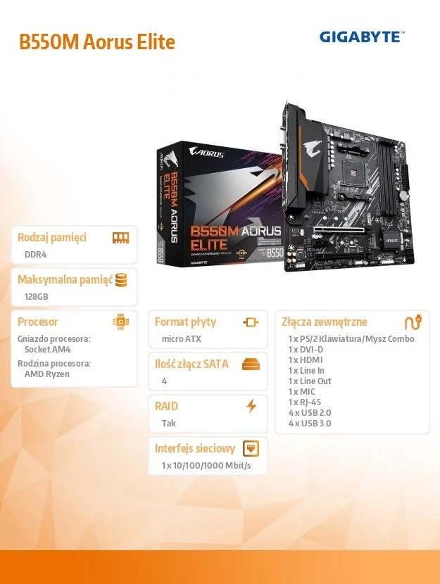 Pagrindinė plokštė Gigabyte B550M AORUS Elite/AM4/Micro-ATX/Memory DDR4/Atminties lizdai 4/1xPCI-Express 3.0 1x/1xPCI-Express 3.0 4x/1xPCI-Express 4.0 16x/2xM.2/1xDVI-D/1xHDMI/2xAudio-In/1xAudio-Out/4xUSB 2.0/4xUSB 3.2/1xPS/2/1xRJ45