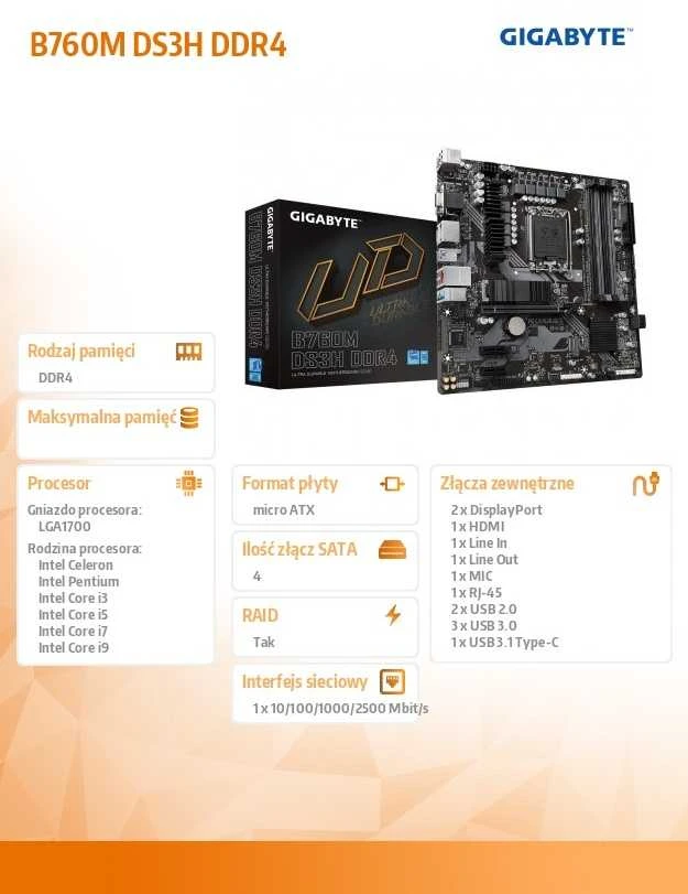 Pagrindinė plokštė GIGABYTE B760M DS3H/ Intel® Socket LGA 1700/ 4xDDR4/ 4xSATA 2xM.2/Support 13th and 12th Gen Series Processors