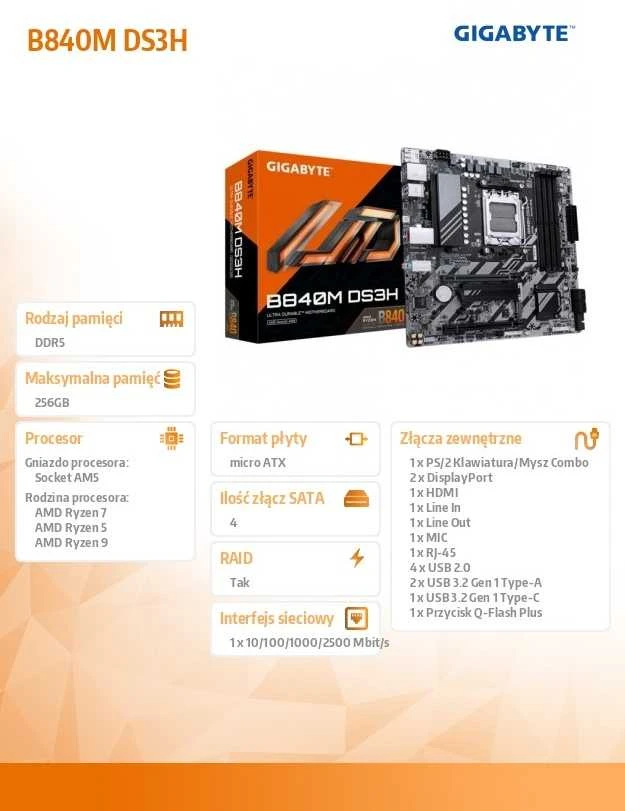 Pagrindinė plokštė GIGABYTE B840M DS3H AM5 1xHDMI 2xDP