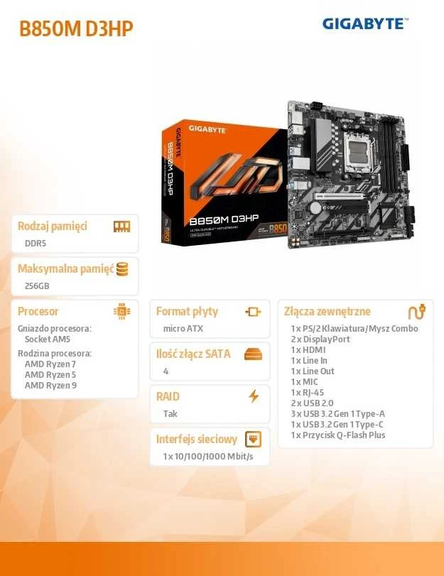 Pagrindinė plokštė GIGABYTE B850M D3HP Motherboard - AMD Ryzen 9000 Series CPUs, 5+2+2 Phases Digital VRM, iki 8200MHz DDR5 (OC), 1xPCIe 5.0 + 1xPCIe 4.0 M.2, GbE LAN, USB 3.2 Gen 2