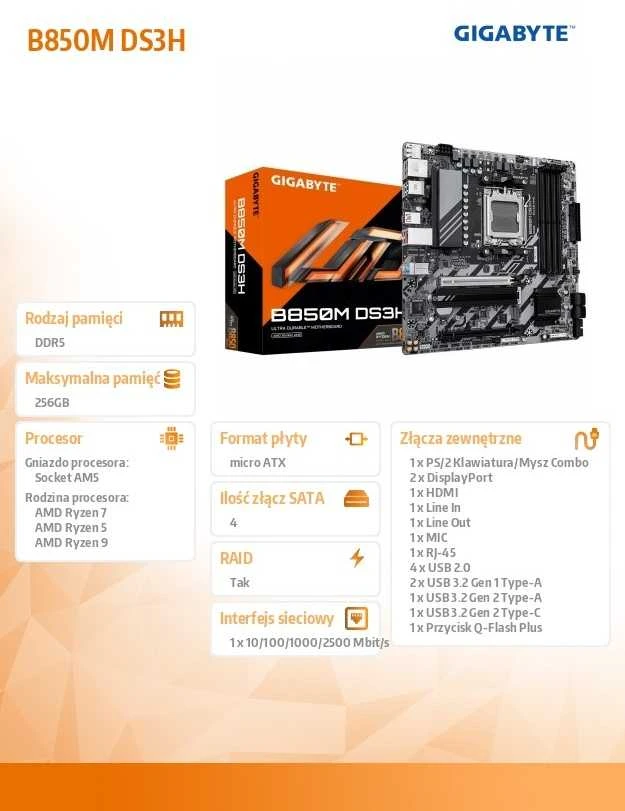 Pagrindinė plokštė GIGABYTE B850M DS3H Motherboard - AMD Ryzen 9000 Series CPUs, 16+2+2 Phases Digital VRM, iki 8200MHz DDR5 (OC), 1xPCIe 5.0 + 1xPCIe 4.0 M.2, 2.5 LAN, USB 3.2 Gen 2