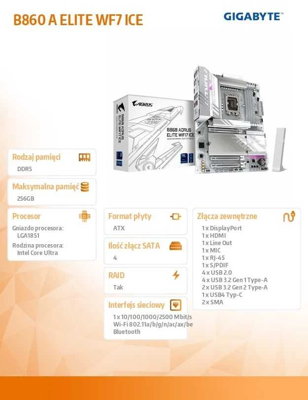 Pagrindinė plokštė Gigabyte B860 A ELITE WF7 ICE