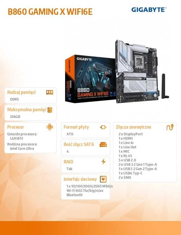 Pagrindinė plokštė Gigabyte B860 GAMING X WIFI6E