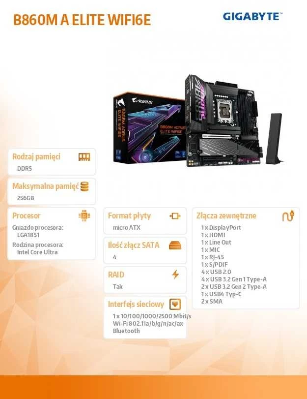 „GIGABYTE B860M AORUS ELITE WIFI6E“ pagrindinė plokštė – „Intel Core Ultra“ serijos procesoriai, 12+1+2+1 fazės VRM, iki 9200MHz DDR5, 1xPCIe 5.0 + 2xPCIe 4.0 M.2, 2.5GbE LAN, WIFI 6E, „Thunderbolt“