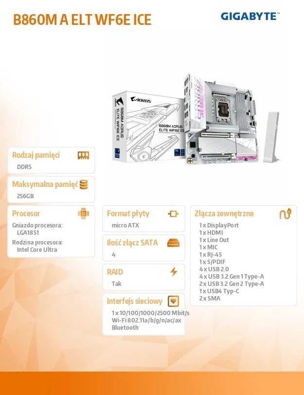 GIGABYTE B860M AORUS ELITE WF6E ICE pagrindinė plokštė – Intel Core Ultra serijos procesoriai, 12+1+2+1 fazių VRM, iki 9200MHz DDR5, 1xPCIe 5.0 + 2xPCIe 4.0 M.2, 2.5GbE 4E, USB