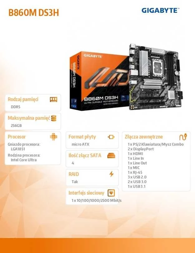 GIGABYTE B860M DS3H pagrindinė plokštė – Intel Core Ultra serijos procesoriai, 5+1+2+1 fazių VRM, iki 9066MHz DDR5, 1xPCIe 5.0 + 1xPCIe 4.0 M.2, 2.5GbE LAN, USB 3.2 Gen2