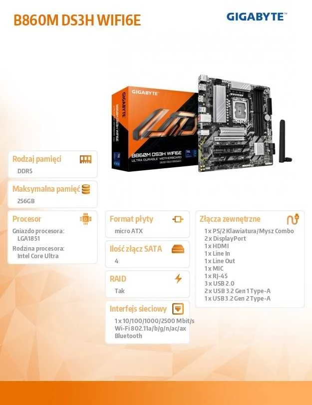 Pagrindinė plokštė Gigabyte B860M DS3H WIFI6E