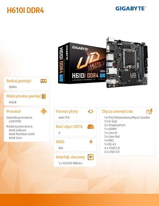 Pagrindinė plokštė Gigabyte Gigabaitas | H610I DDR4 1,0 M/B | Procesorių šeima Intel | Procesoriaus lizdas LGA1700 | DDR4 DIMM | Atminties lizdai 2 | Palaikomos standžiojo disko sąsajos SATA, M.2 | SATA jungčių skaičius 4 | Mikroschemų rinkinys Intel H610 Express | Mini-ITX