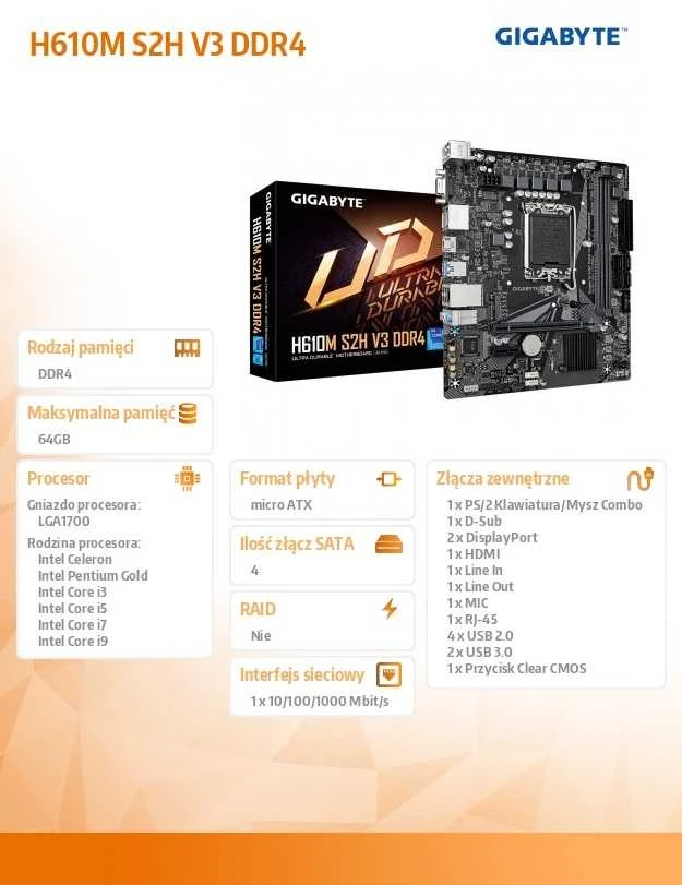 Pagrindinė plokštė GIGABYTE H610M S2H V3 DDR4
