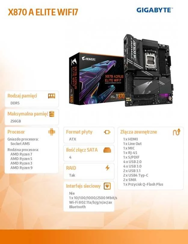 Pagrindinė plokštė GIGABYTE X870 A ELITE WIFI7 AM5 ATX MB