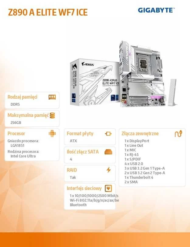 Pagrindinė plokštė GIGABYTE Z890 A ELITE WF7 ICE