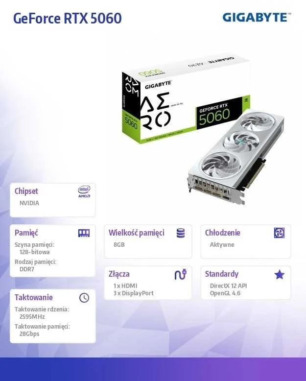 GIGABYTE GeForce RTX 5060 AERO OC 8G Grafikos plokštė - 8GB GDDR7