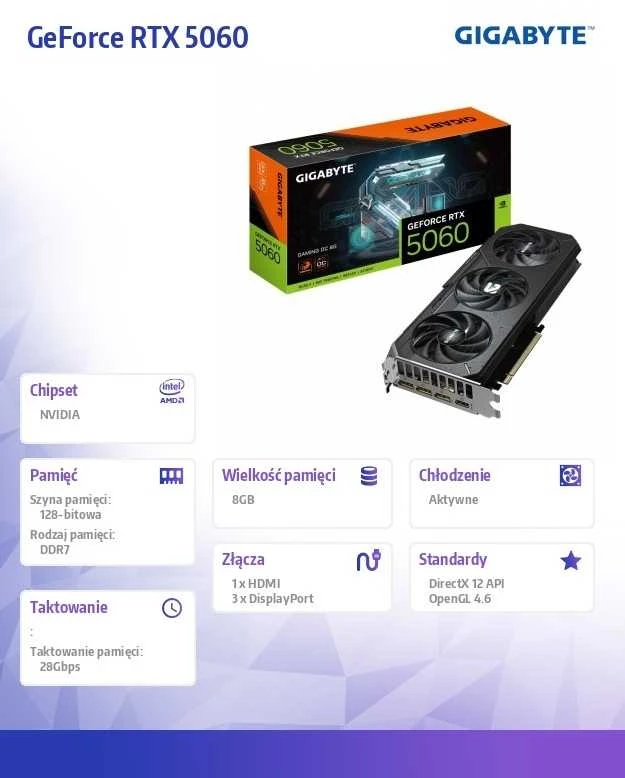 Vaizdo plokštė GIGABYTE GeForce RTX 5060 GAMING OC 8G Grafikos plokštė - 8GB GDDR7