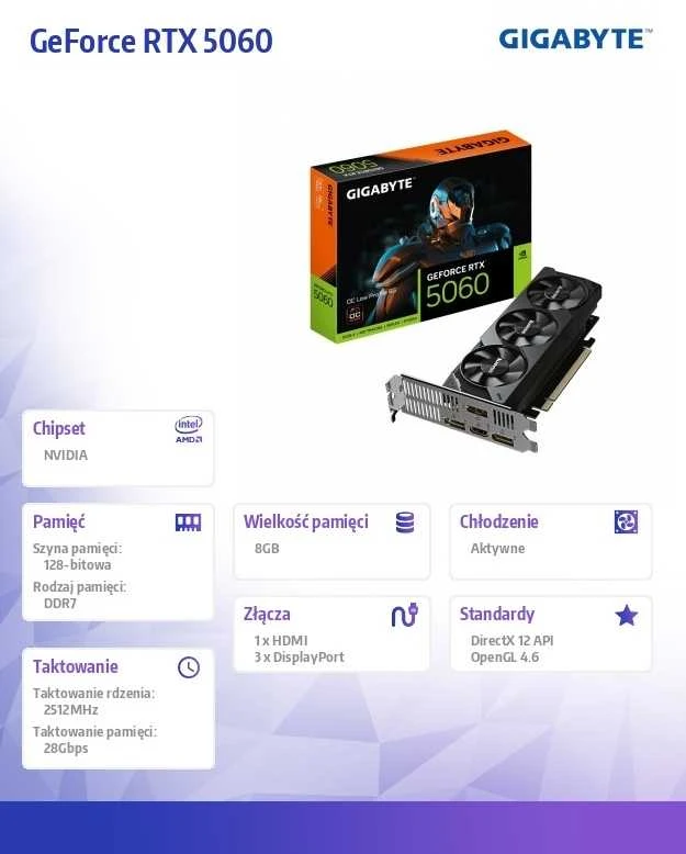 Vaizdo plokštė GIGABYTE GeForce RTX 5060 OC Low Profile 8G Grafikos plokštė - 8GB GDDR7, 128bit, PCI-E 5.0, 2512 MHz Core Clock, 3 x DisplayPort, 1 x HDMI, GV-N5060OC-8GL