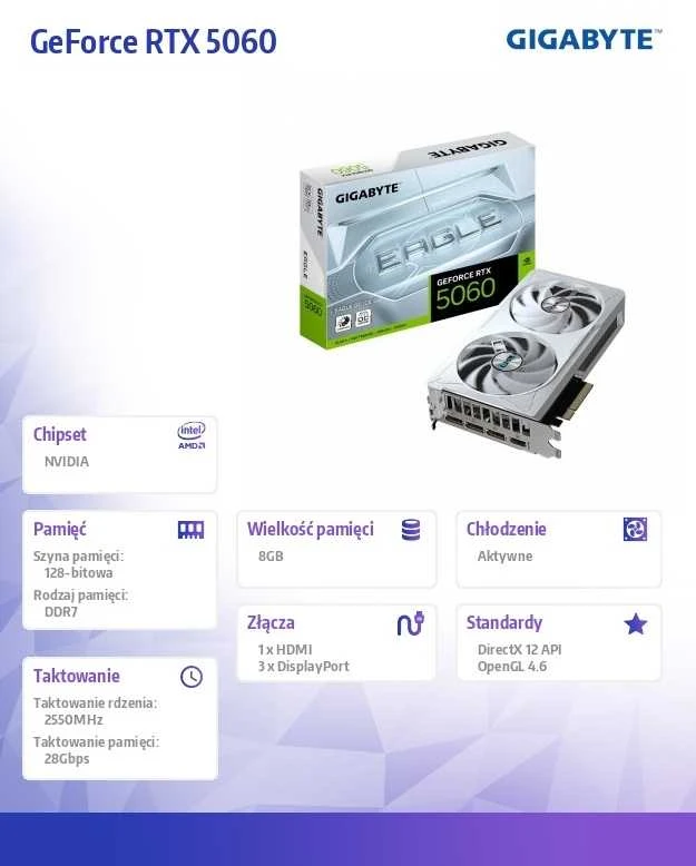 Vaizdo plokštė GIGABYTE GeForce RTX 5060 EAGLE OC ICE 8G Grafikos plokštė - 8GB GDDR7