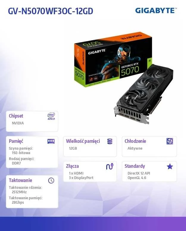 Vaizdo plokštė Gigabyte GeForce RTX 5070 WINDFORCE OC SFF 12G | NVIDIA | 12 GB | GeForce RTX 5070 | HDMI jungtys kiekis 1 | PCI-E 5.0