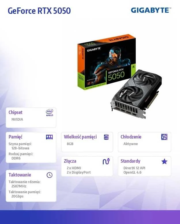 Vaizdo plokštė „Gigabyte GeForce RTX 5050 WINDFORCE OC 8G“ | NVIDIA | 8 GB | „GeForce RTX 5050“ | GDDR6 | HDMI jungčių kiekis: 2 | PCI-E 5.0