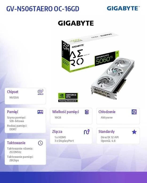 GIGABYTE GeForce RTX 5060 Ti AERO OC 16G Grafikos plokštė