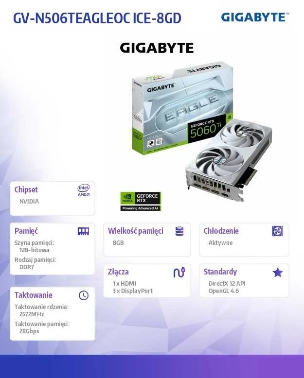 Vaizdo plokštė GIGABYTE GeForce RTX 5060 Ti EAGLE OC ICE 8GB GDDR7 3xDP 1xHDMI
