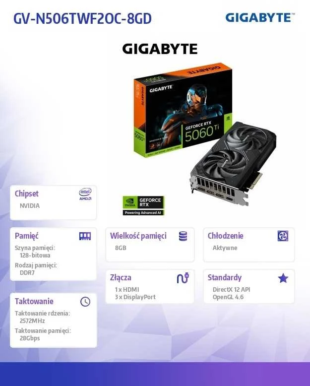 Vaizdo plokštė GIGABYTE GeForce RTX 5060 Ti WINDFORCE OC 8G Grafikos plokštė - 8GB GDDR7, 128bit, PCI-E 5.0, 2587MHz Core Clock, 3 x DisplayPort, 1 x HDMI, GV-N506TWF2OC-8GD